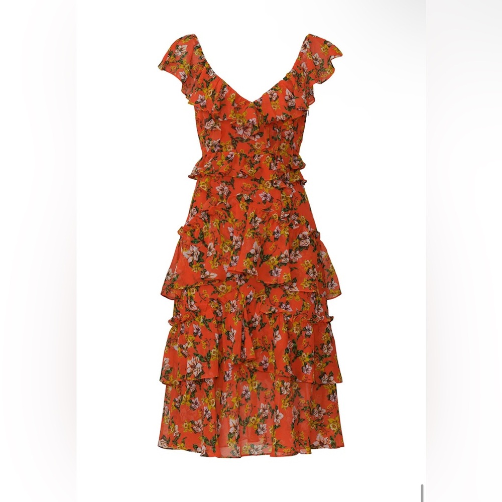 Marissa Webb Collective Magnolia Bouquet Ruffle Dress Floral Red Orange Size 4